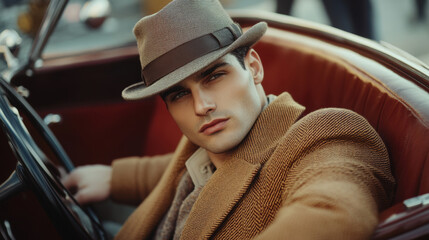 paris man vintage car hat coat