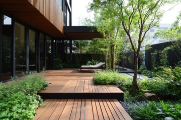 Obraz premium Modern house patio with wooden deck and lush garden