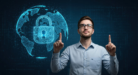 Secure World: Man Pointing at Digital Globe & Lock for Cyber Security, Data Protection, and Innovation.