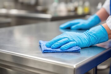 Fototapeta premium Gloved hand wiping stainless steel counter in bright professional kitchen