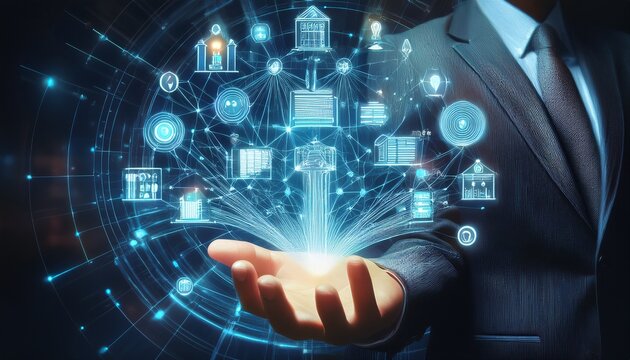 Futuristisches Konzept mit einem Mann im Anzug, der ein KI-Netzwerk mit Branchen-Icons schwebend &uuml;ber seiner Hand h&auml;lt &ndash; Fokus auf Technologie und Digitalisierung.