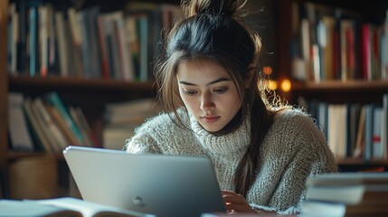 Focused young woman using laptop in library, surrounded by books