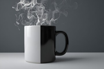 3d render of black and white ceramic mug with wireframe smoke on white background