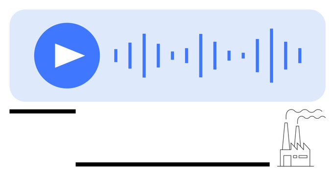 Blue play button with sound wave visualization, small factory sketch. Ideal for audio, production, sound engineering, innovation, multimedia, technology creativity. Flat simple metaphor