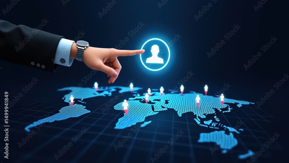 Aufkleber global network of people highlighted by a pointing hand.