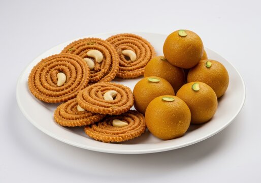 Delicious chakli and motichoor ladoo sweets isolated on white background