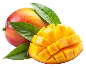 sliced piece of mango with leaves isolated on white background, PNG