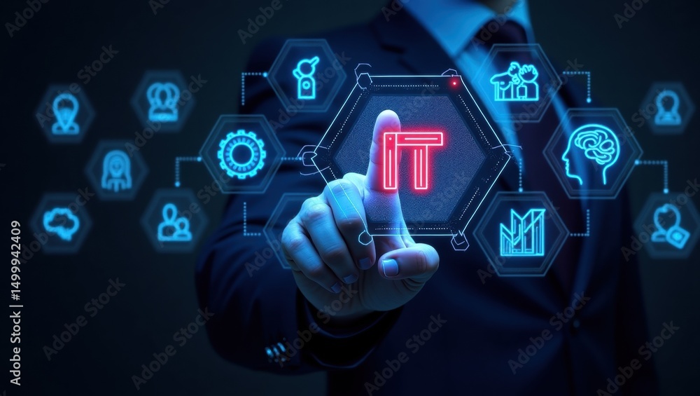 Poster hand pointing at an it system interface.
