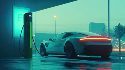 Futuristic EV charging station at dusk