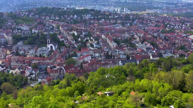 Aerial panoramic view around the city Stuttgart ost stadt  in Germany on a cloudy spring day