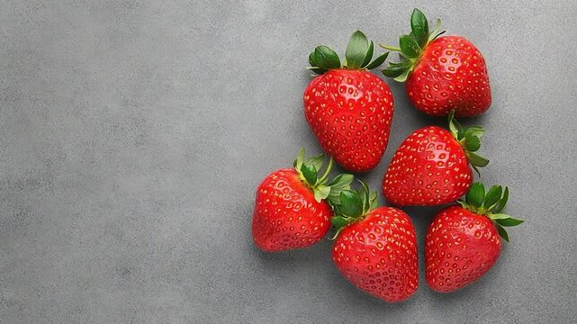 Six Juicy Strawberries on Grey Background
