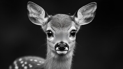 Fototapeta premium Fawn stands directly facing the camera with a dark background, revealing the animal's striking features and fur patterns.