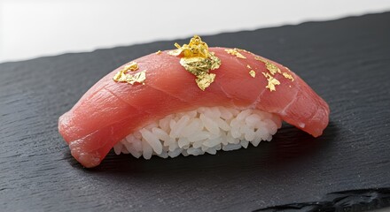 Tuna Sushi Nigiri Topped with Gold Leaf on Black Slate | Premium Japanese Cuisine for Fine Dining, Restaurants, and Luxury Food Photography