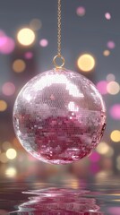Obraz premium Pink disco ball hanging on gold chain with shimmering reflections, soft bokeh lights and dreamy pastel background, festive party atmosphere, celebration and 80's glamour concept.