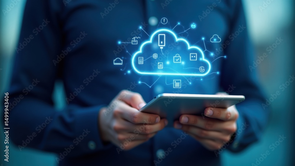 Poster person holds tablet displaying a cloud computing graphic.