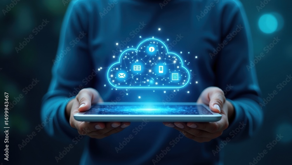 Poster holographic cloud computing interface displayed on a tablet.