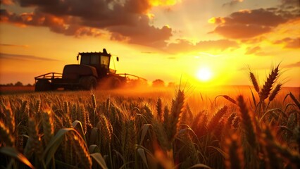 Fototapeta premium Golden Wheat Field Silhouette Photography - Tractor Sunset Landscape
