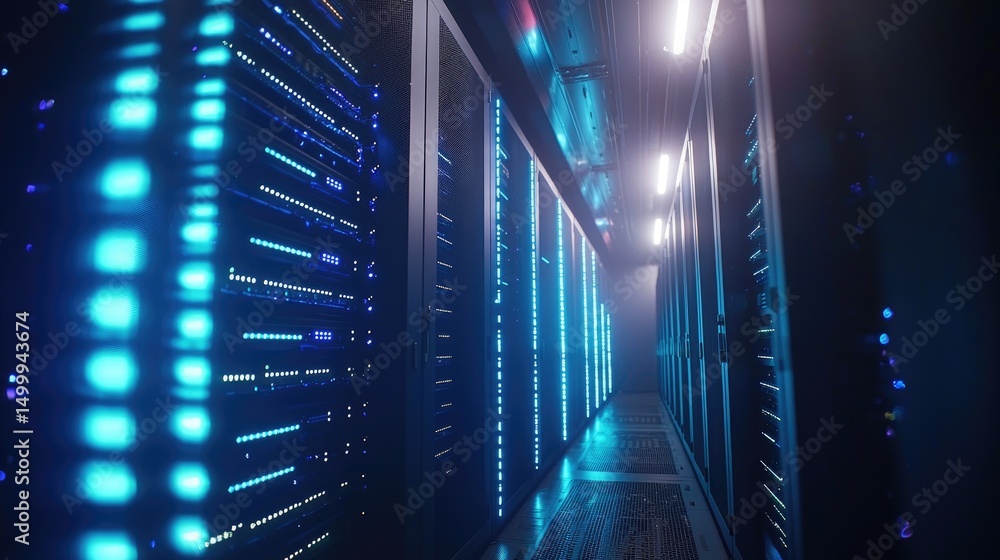 Poster modern data center hallway with glowing blue server racks and overhead lighting, ideal for themes in