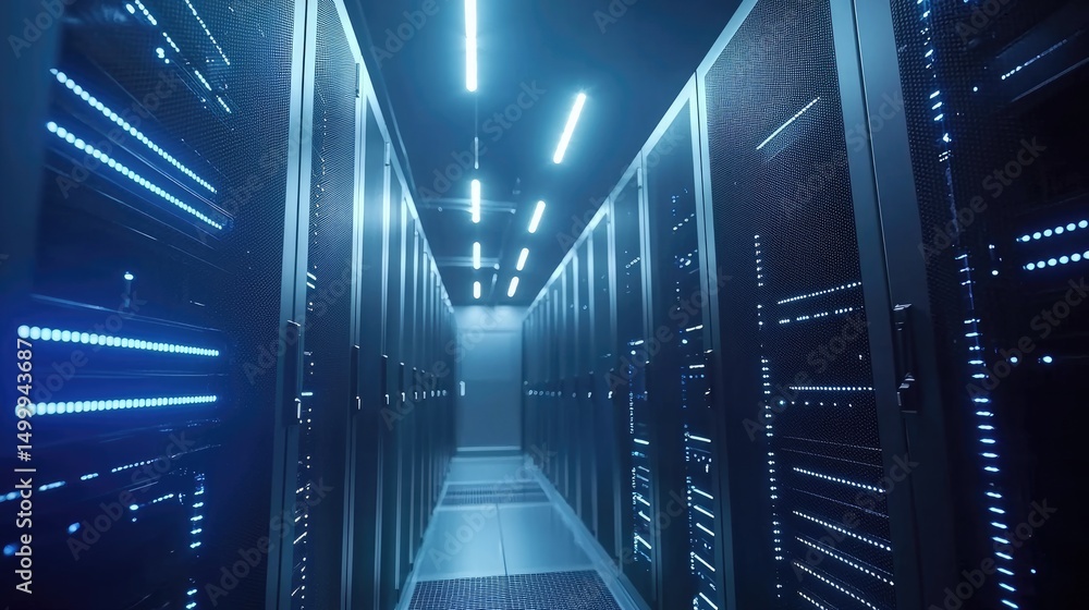 Leinwandbilder Futuristic data center hallway with blue-lit server racks and overhead lights, ideal for showcasing cloud infrastructure, digital systems, and secure network environments