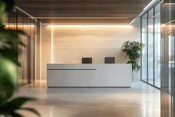 Modern, minimalist office reception area with light beige walls, a white reception desk, and large windows