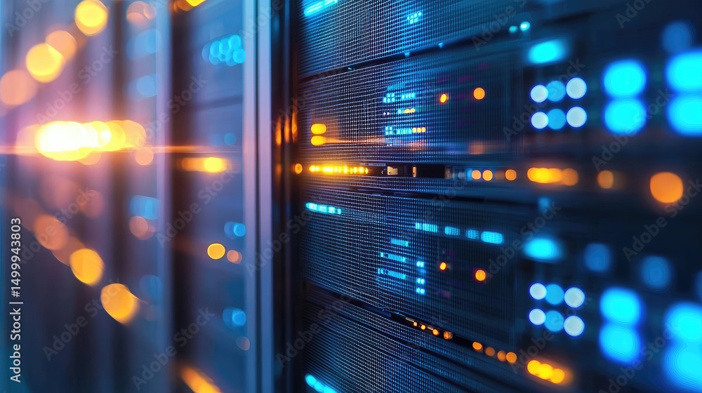 Poster Close-up of illuminated high-tech server racks with blue and orange lighting in a modern data center, perfect for cloud infrastructure, cybersecurity, and networking concepts