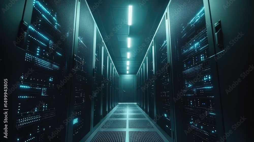 Aufkleber Advanced data center hallway with glowing blue server racks and grid flooring under cool lighting, perfect for cloud technology, cybersecurity, and IT infrastructure themes
