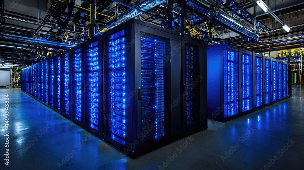 Poster Spacious data center with rows of blue-lit server cabinets and overhead cable trays, ideal for cloud storage, enterprise networking, and high-performance computing visuals