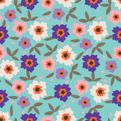 Cute floral pattern. Seamless vector pattern. Elegant template for fashion prints. Small pink and blue flowers for folk print. White background. Stock vector