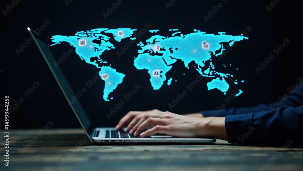 Poster global network connection displayed on a laptop screen.