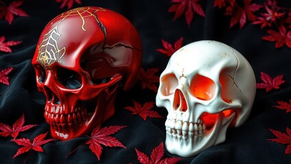 Red and White Skulls with Spider Web and Autumn Leaves