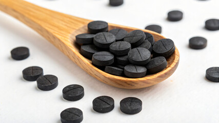 activated carbon pills on a spoon, isolated on white