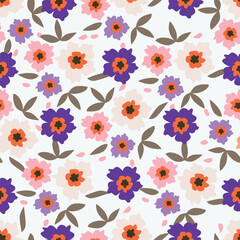 Cute floral pattern. Seamless vector pattern. Elegant template for fashion prints. Small pink and blue flowers for folk print. White background. Stock vector