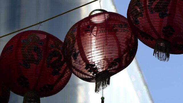 Decorative Chinese Red Paper Lanterns, Chinatown Decorations, Chinese Lunar New Year Celebration, Soho China Town, West End, Central London, England, United Kingdom