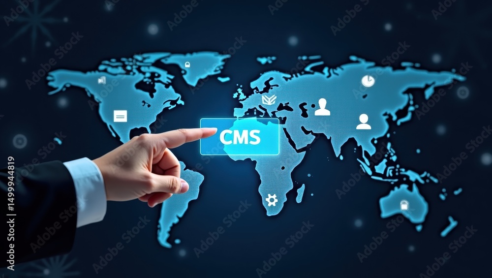 Poster hand pointing to cms on a global map.