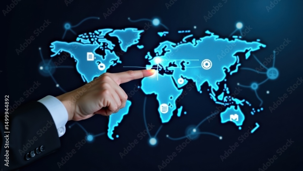 Poster global network map with highlighted location.