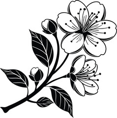 Minimalist Black and White Floral Silhouette with Symmetrical Bloom and Leaves