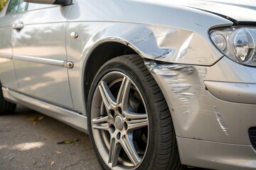 Fototapeta premium Damaged Silver Car Fender and Bumper Close-up