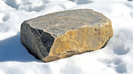 A solitary stone rests amidst a blanket of fresh fallen pristine snow landscape