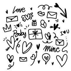 Romantic Doodle Elements – Cute Hearts, Love Quotes, Arrows, Stickers, Valentine’s Day Clipart