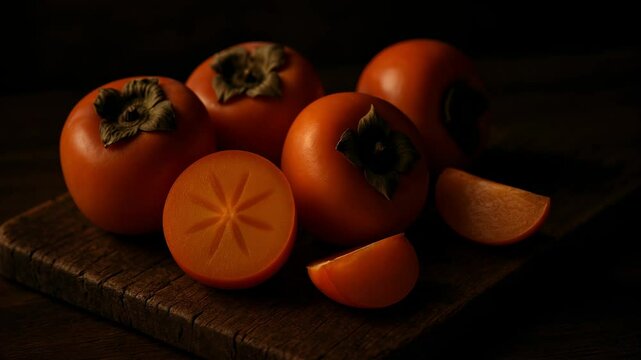 Whole and halved persimmons arranged on a rustic wooden board with visible stalks and matte orange skin