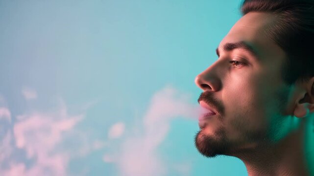 Young man exhaling thick cloud of vapor from electronic cigarette. Vaping habit and alternative smoking lifestyle. Modern gadget for nicotine addiction.