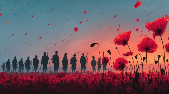 Silhouette of soldiers in a red poppy field at sunset. Remembrance, peace, and war themes. Ideal for memorial projects, websites, and prints.