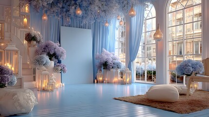 Elegant 36x24-inch High School Prom Welcome Sign Mockup Featuring Shimmering Silver and Blue Decorations with Delicate Hanging Lanterns to Set a Festive Tone