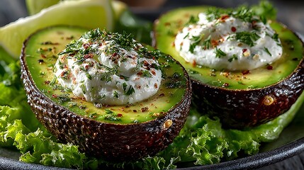 Artistic Culinary Close-Up of Avocado Halves with Tangy White Cream, Parsley, and Aromatic Spices on Vibrant Lettuce