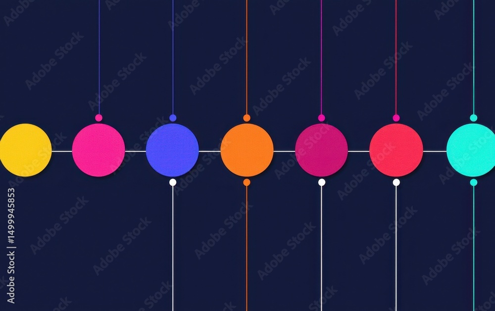 Poster colorful circles connected by vertical lines on a dark background, creating a modern abstract geomet