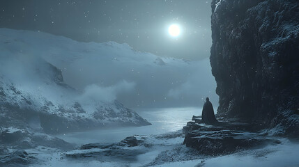 Solitary figure contemplating serene winter landscape under the moonlight