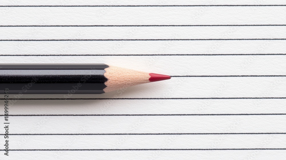 Poster a sharpened black pencil with a red tip lies on a blank lined sheet of paper.