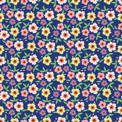 Cute floral pattern. Seamless vector pattern. Elegant template for fashion prints. Small pink and blue flowers for folk print. White background. Stock vector