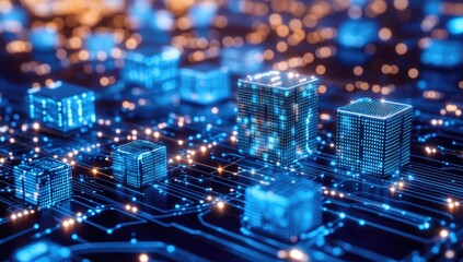 Digital cubes on a glowing circuit board