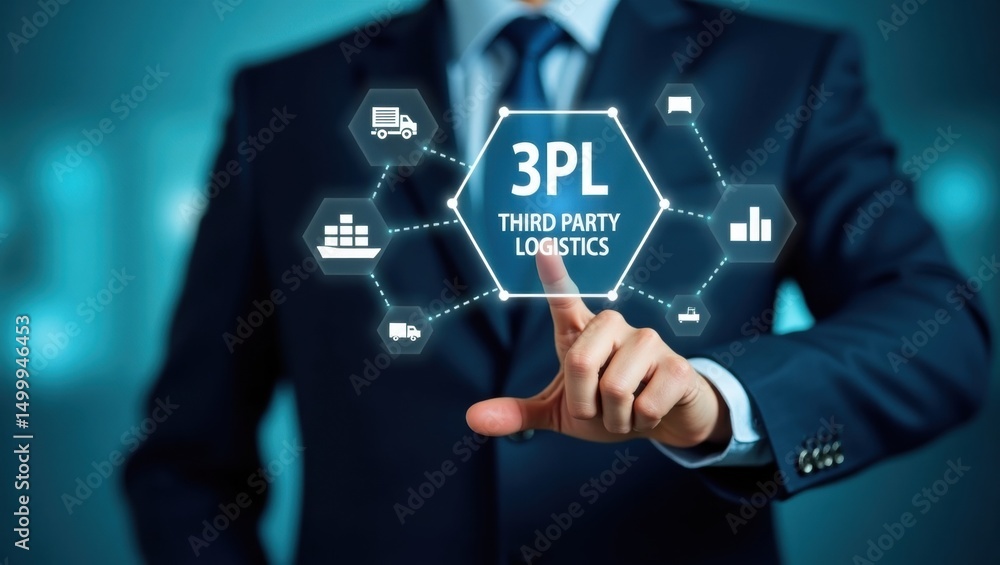 Poster businessman points to a graphic displaying third party logistics.